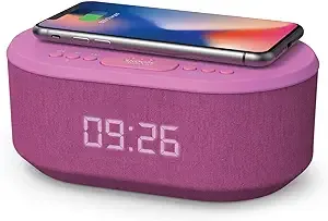  Bedside Radio Alarm Clock with USB Charger, Bluetooth Speaker, QI Purple