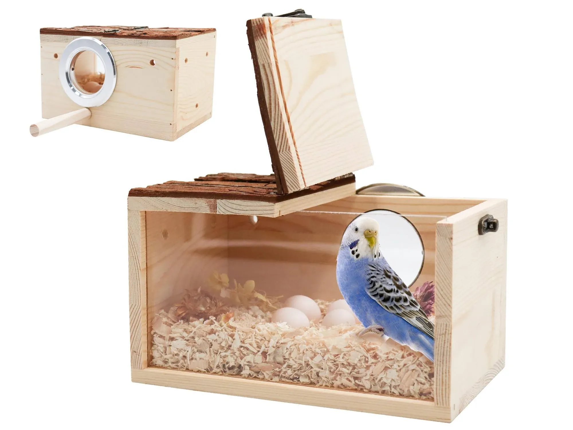 Large Wood Bird Cage House for Cockatiel Lovebirds Transparent Nest Breeding Box