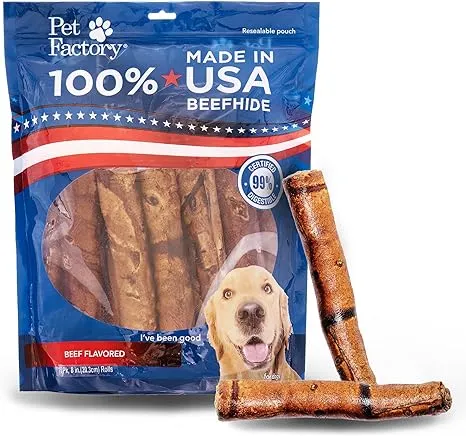 Pet Factory 100% Made in USA Beefhide 8&#034; Rolls Dog Chew Treats - Beef Flavor, 15