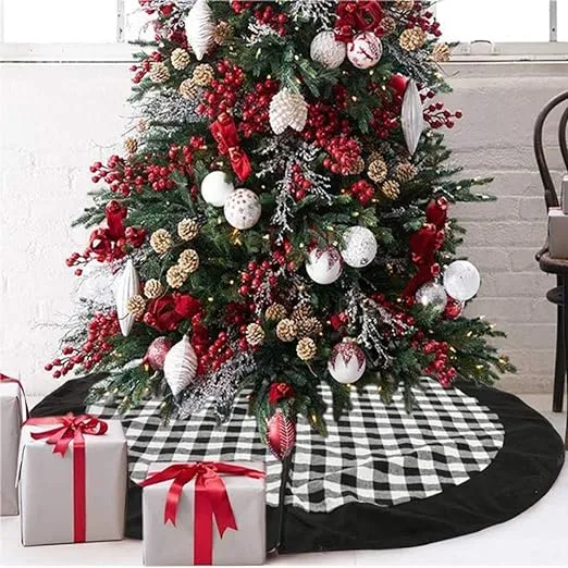 Medoore Black and White Buffalo Plaid Check Christmas Tree Skirt 48 inches,