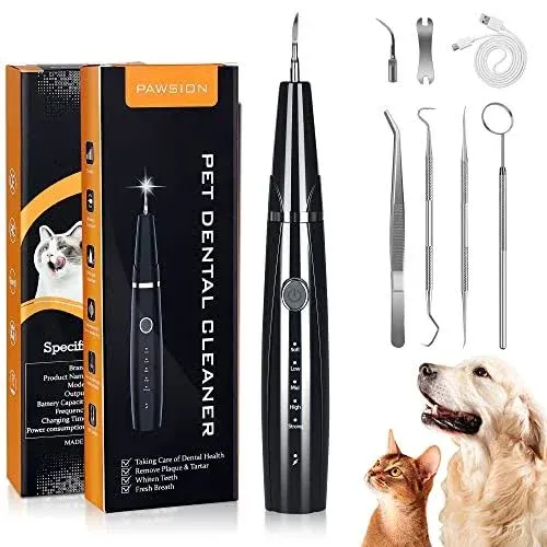 PAWSION Ultrasonic Dog Plaque and Tartar Remover, Teeth Cleaning Kit for Pets, Rechargeable Dental Scraper for Pets, 5 Modes with 3 Cleaning Heads,