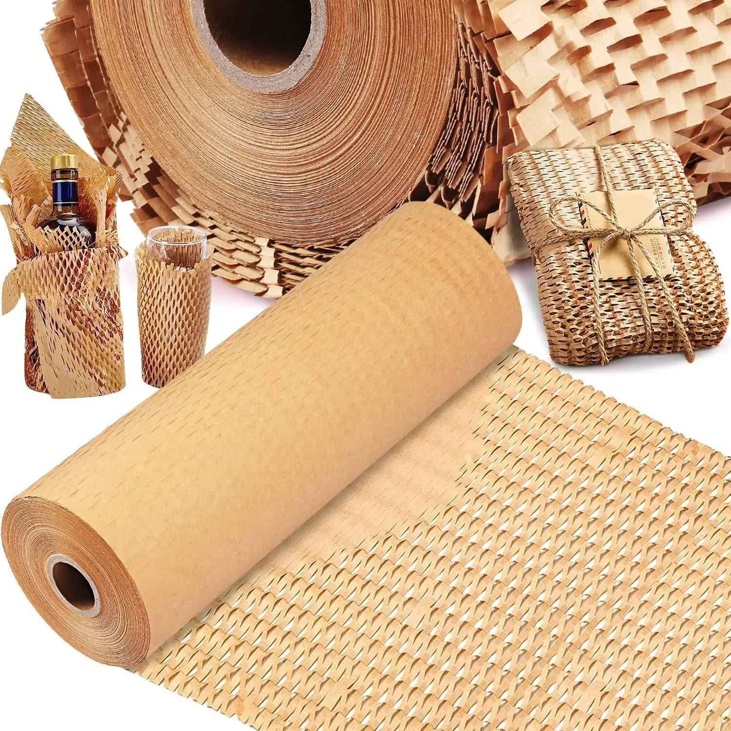 Honeycomb Packing Paper, 15" x 400' Honeycomb Paper Cushioning Wrap for Moving House Eco-Friendly Kraft Packing Paper for Gift Breakables As Bubble