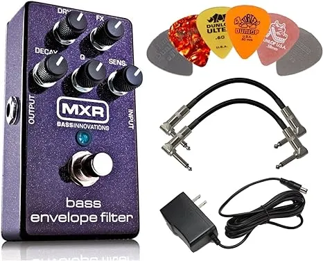 MXR M82 Bass Envelope Filter Effects Pedal BUNDLE with AC/DC Adapter Power Supply for 9 Volt DC 1000mA, 2 Metal-Ended Guitar Patch Cables AND 6 Dunlop Guitar Picks