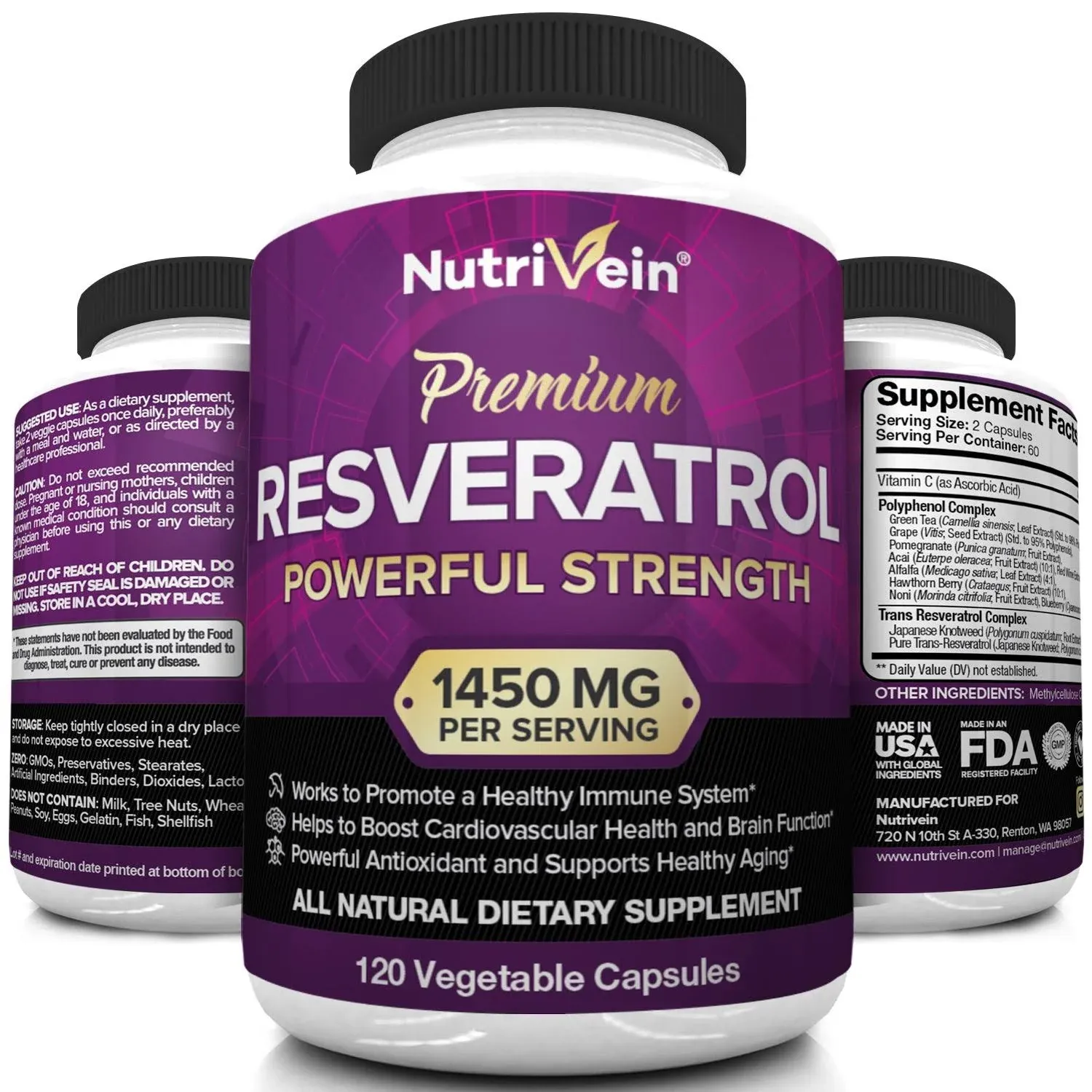 Nutrivein Resveratrol 1450mg, Antioxidant Supplement, Healthy Aging 120 Capsules