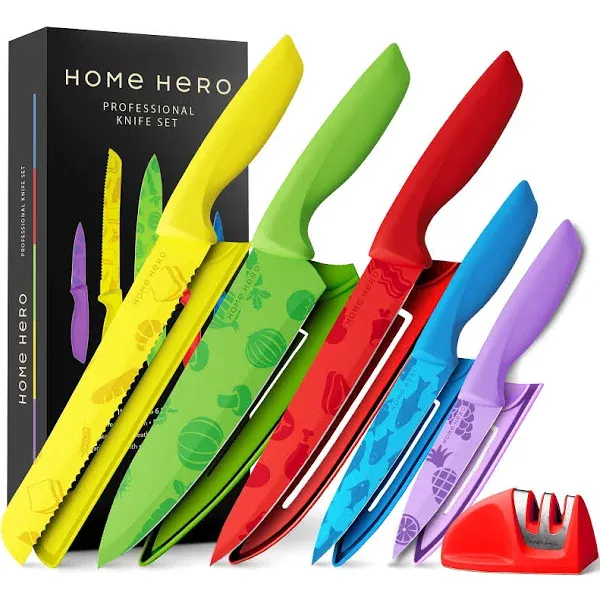 Home Hero Kitchen Knife Set with Sheath Covers - High Carbon Stainless Steel Kitchen Knives with Ergonomic Handles & Ceramic Coating, Nonstick Ceramic Knife Set with Chef Knife (11 Pcs - Rainbow)