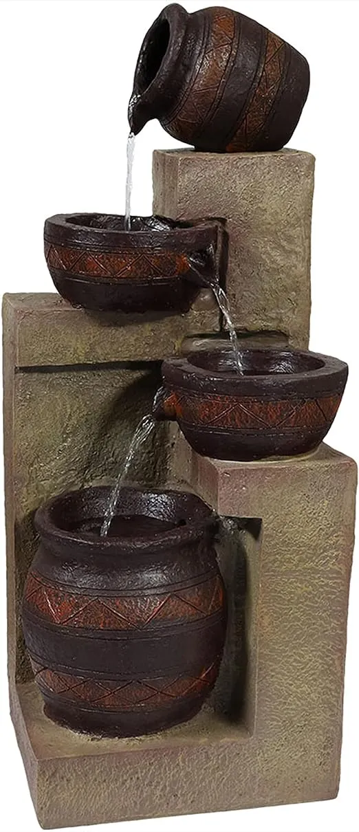 Sunnydaze Outdoor Solar Powered Cascading Terra Bowls Water Fountain with Battery Backup and LED Light - 30"