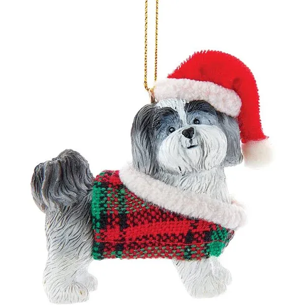 Grey Shih-Tzu With Plaid Coat And Santa Hat Ornament