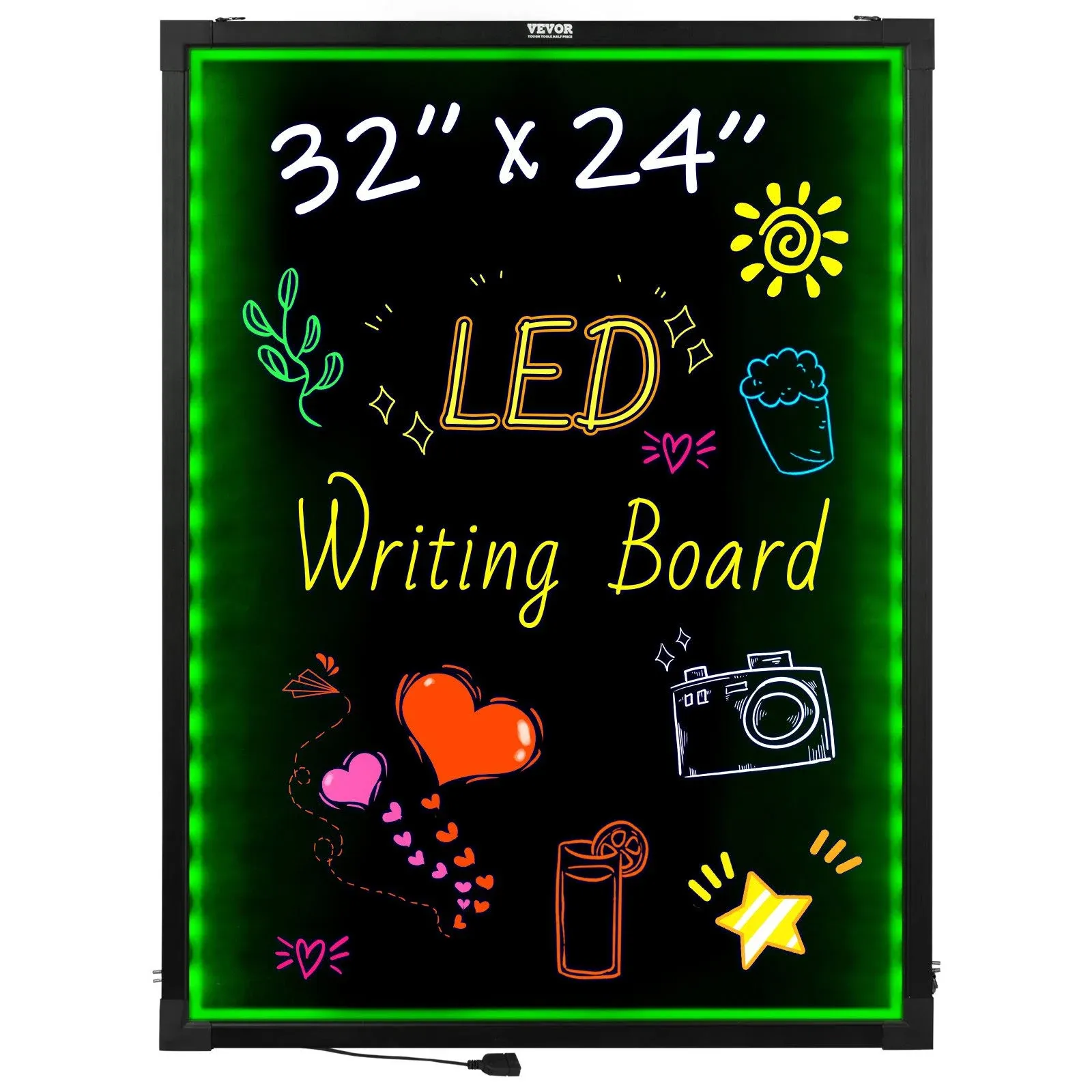 VEVOR LED Message Writing Board, 32&quot;x24&quot; Illuminated Erasable Lighted Chalkboard, Neon Effect Menu Sign Board, Drawing Board with 8 Fluorescent Chalk Markers and Remote Contro Tested toStandards