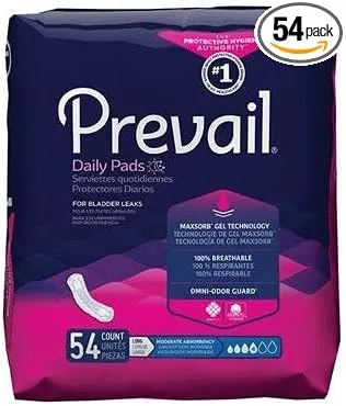 Prevail Daily Pads Bladder Control Pad 11 Inch Length Moderate Absorbency Polymer Core, PV-914/2, Adult Female, Bag of 54