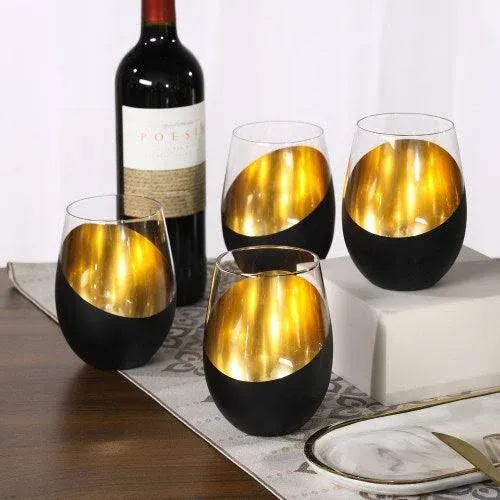 MyGift Modern Matte Black and Gold Tilted Design Stemless Wine Glasses Tumblers - 18 oz, Set of 6