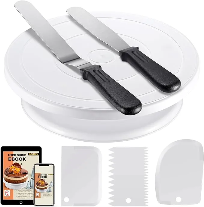 Kootek Cake Decorating Kit Baking Supplies Cake Turntable with 2 Frosting Straight Angled Spatula 3 Icing Smoother Scrapers Baking Accessories Tools for Beginners and Pros, White