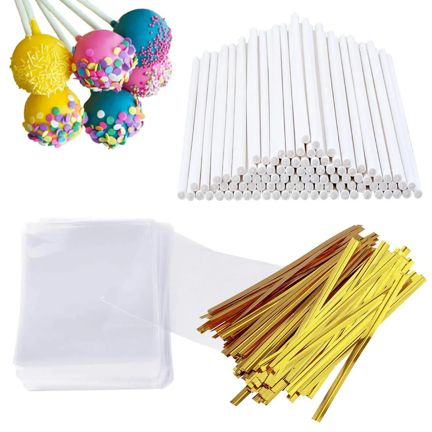 300 Pcs Cake Pop Sticks and Wrappers Kit, Including 100ct 6-Inch Paper Lollipop ...