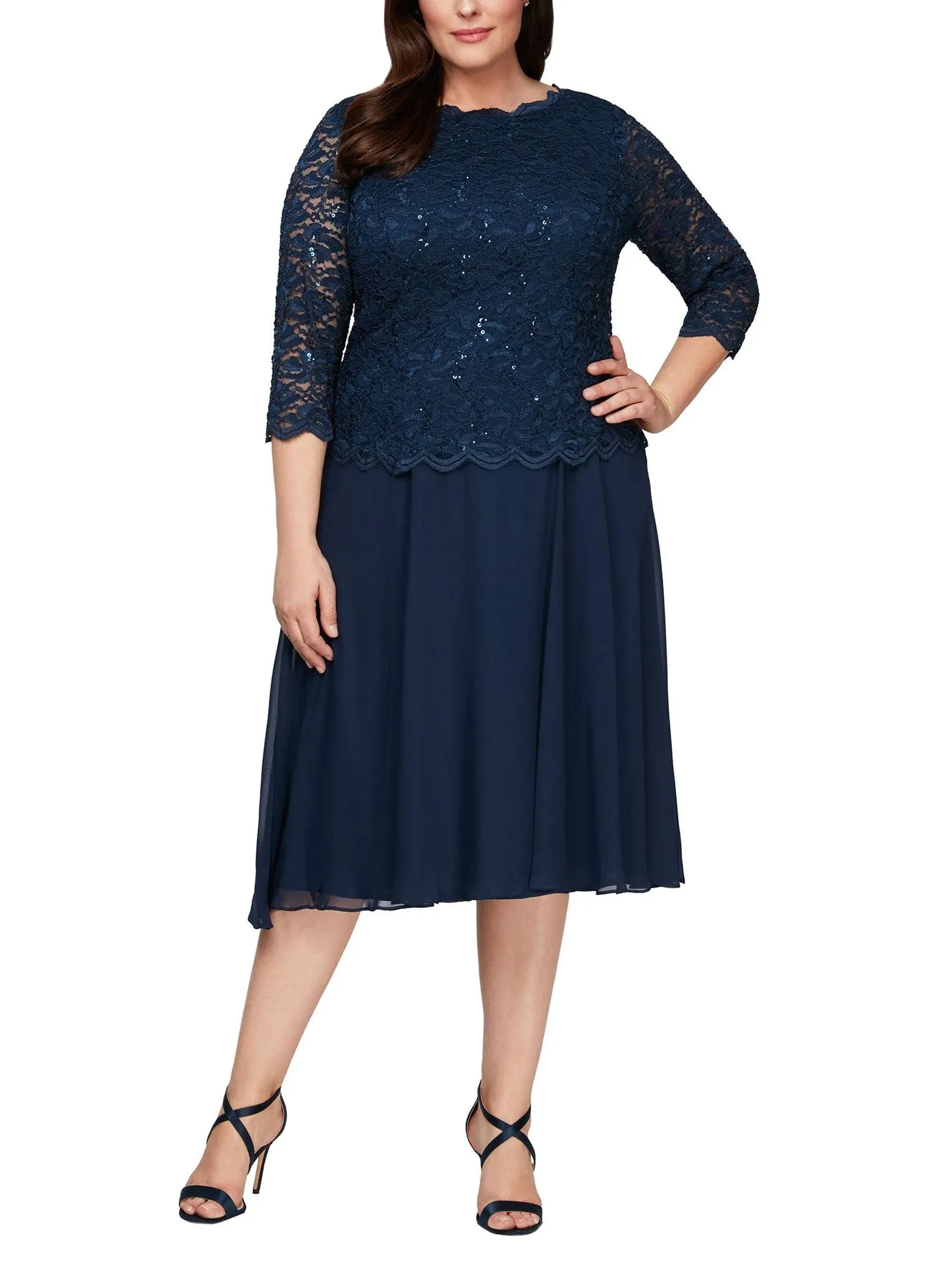 Alex Evenings Women's Plus Size Tea Length Lace Mock Dress