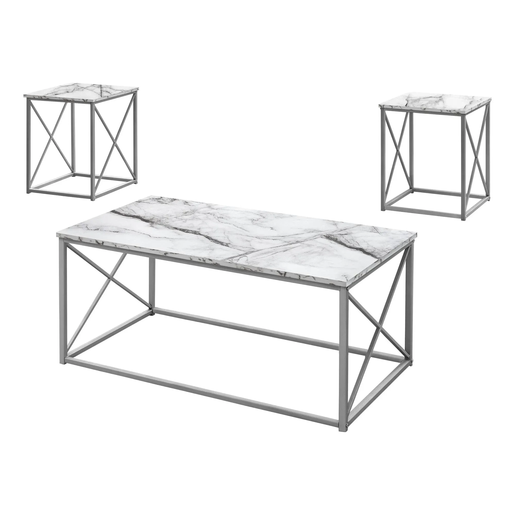 Table Set - 3pcs Set / White Marble / Silver Metal