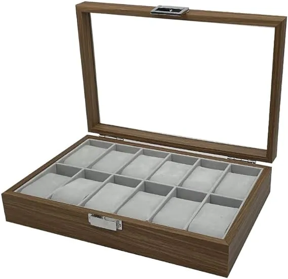 12 Slots Watch Display Case Jewelry Box Organizer with Visible Glass Top