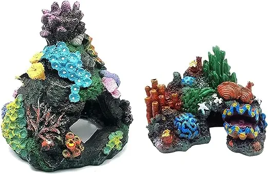 Tfwadmx Aquarium Coral Decoration Resin Fish Tank Hiding Mountain Cave Betta Fish Hideaway House Rock Reef Ornament, 2 Pack.