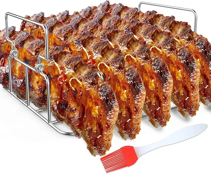 RUSFOL Durable Stainless Steel Rib Rack with A Silicone Oil Brush, BBQ Stand with 2 Handle for Smoker,Oven and Grill, Cook Up to 5 Ribs at A Time