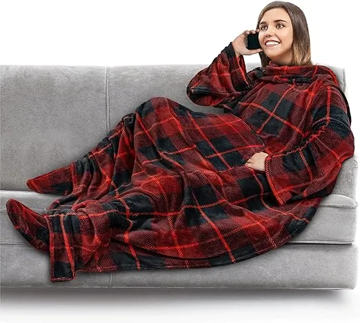 PAVILIA Fleece Blanket with Sleeves and Foot Pockets for Women Men Adults, Wearable Blanket Sleeved Throw Wrap, Plush Hug Sleep Pod Snuggle Blanket Robe, Cozy Gift Ideas Wife Mom, Plaid Navy Blue