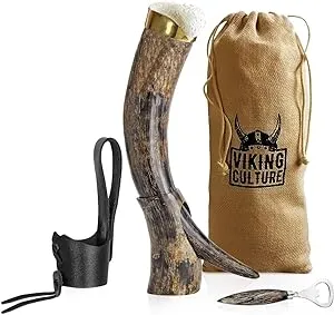 Viking Culture 16 Oz. Viking Horn Mug with Beer Opener, Stand, Genuine Leathe...