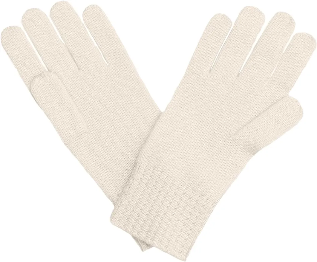  Classic Jersey Knit Gloves 100% Pure Cashmere Ribbed Cuffs Undyed White