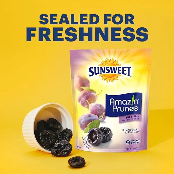 Sunsweet Amazin' Prunes - Bite Size Prunes Pitted Unsweetened & Dried - Gluten Free, Vegan, Low Fat - Fiber & Minerals - 8 oz pouch - 6 Pack