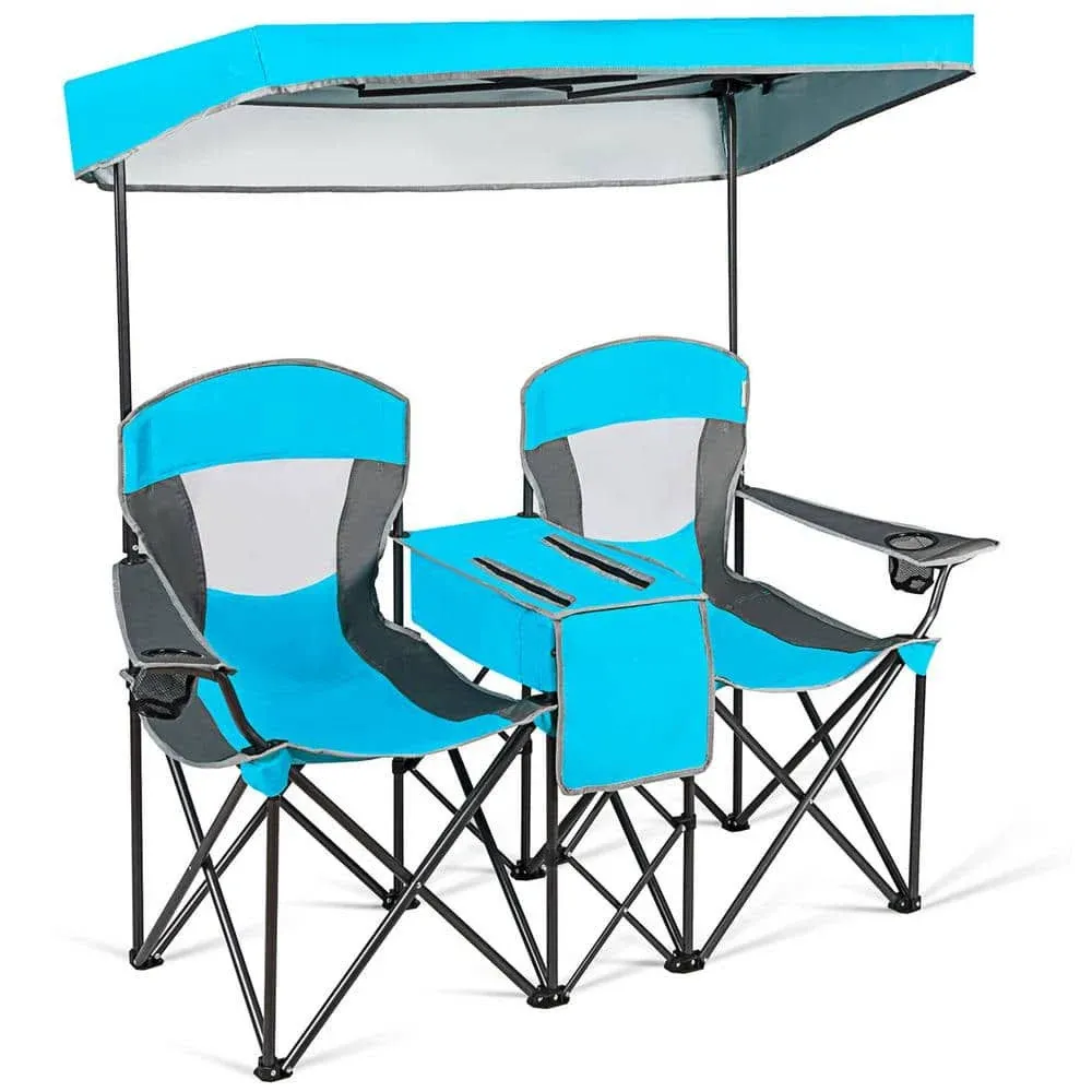 Tangkula Loveseat Camping Chair with Adjustable Shade Canopy, Portable Beach Chair with Cooler Bag, 2 Cup Holders, Carrying Bag, Foldable Double Lawn Chair for Travel, Fishing, Picnic (Blue)