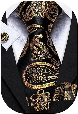 Barry.Wang Man Tie Set Paisley Woven Necktie Set Silk Pocket Square Cufflinks Bu