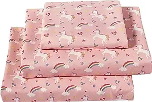 Softan Bed Sheet Set for Kids Girls, Full Size Kids Sheets Microfiber Kids Fitted Sheet, Breathable & Silky Soft Feeling Kids Sheet Set 4 PCs Pink Unicorn Kids Full Bed Sheet