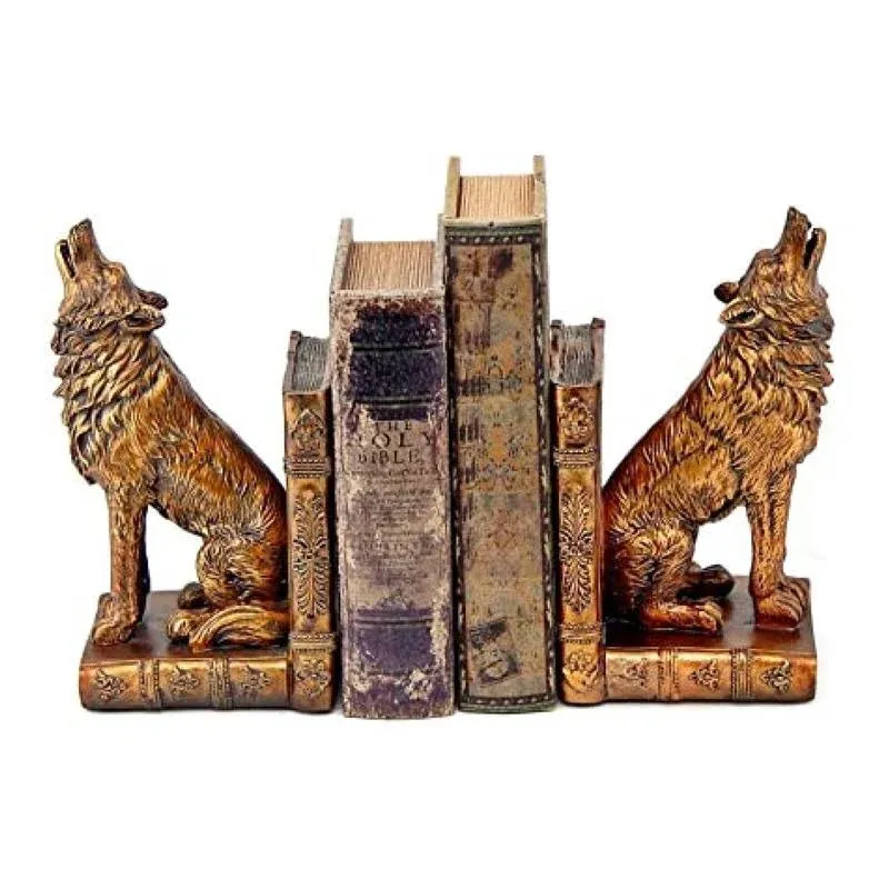 Bellaa 26362 Decorative Bookends Howling Wolf Animal Cabin Farmhouse Vintage Bookshelf Home Decor Tabletop Shelves Nonskid Heavy Book Stoppers 9 inch