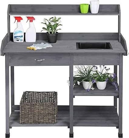 Topeakmart 45.2x17.7x47.6'' (LxWxH) Potting Benches Outdoor Garden Potting Table Work Bench with Removable Sink Drawer Rack Shelves Work Station, Gray