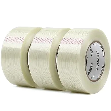 CHUANGSEED 3Pack Mono Filament Strapping Tape 6.2mil x 1Inch x 60yds Commodity Grade Heavy Duty Transparent Reinforced Fiberglass Tape