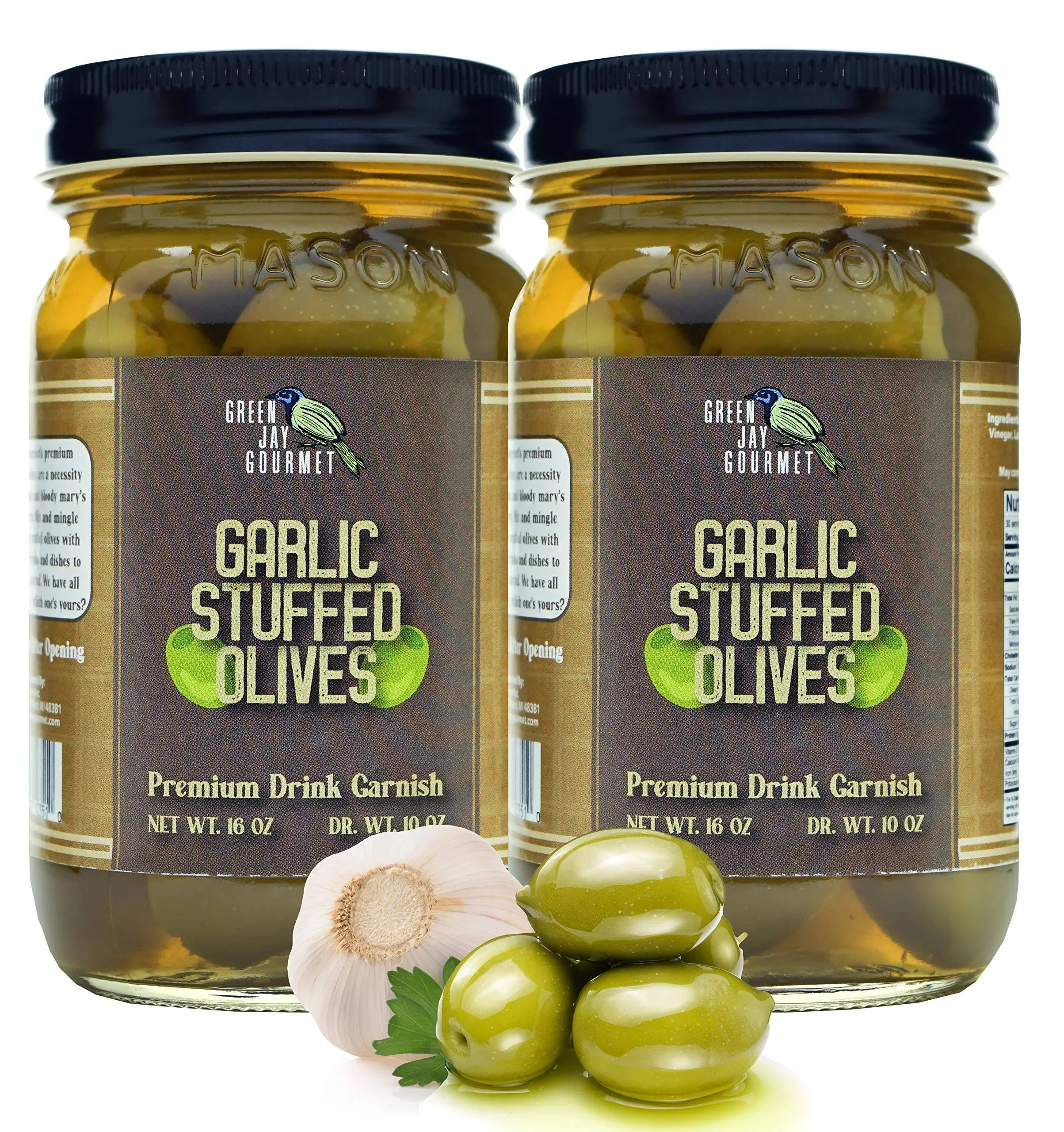 Green Jay Gourmet Garlic Stuffed Olives Stuffed Green Olives for Cocktail Garnish ...