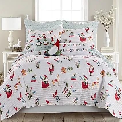 Levtex Home Merry & Bright Gnome for The Holidays Quilt - Full/Queen - Christmas Gnomes - Red, Green and White - Quilt (86x86in.) - Reversible - Microfiber