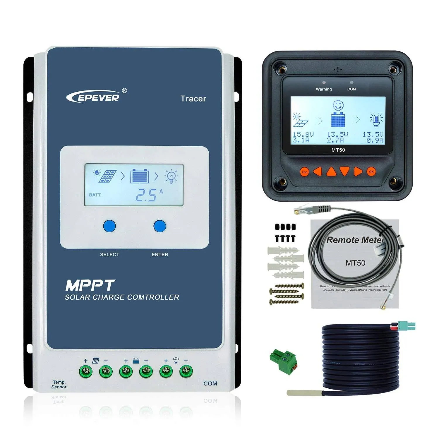 EPEVER MPPT Charge Controller 30A Tracer3210AN + Remote Meter MT50 + RTS Temp ...