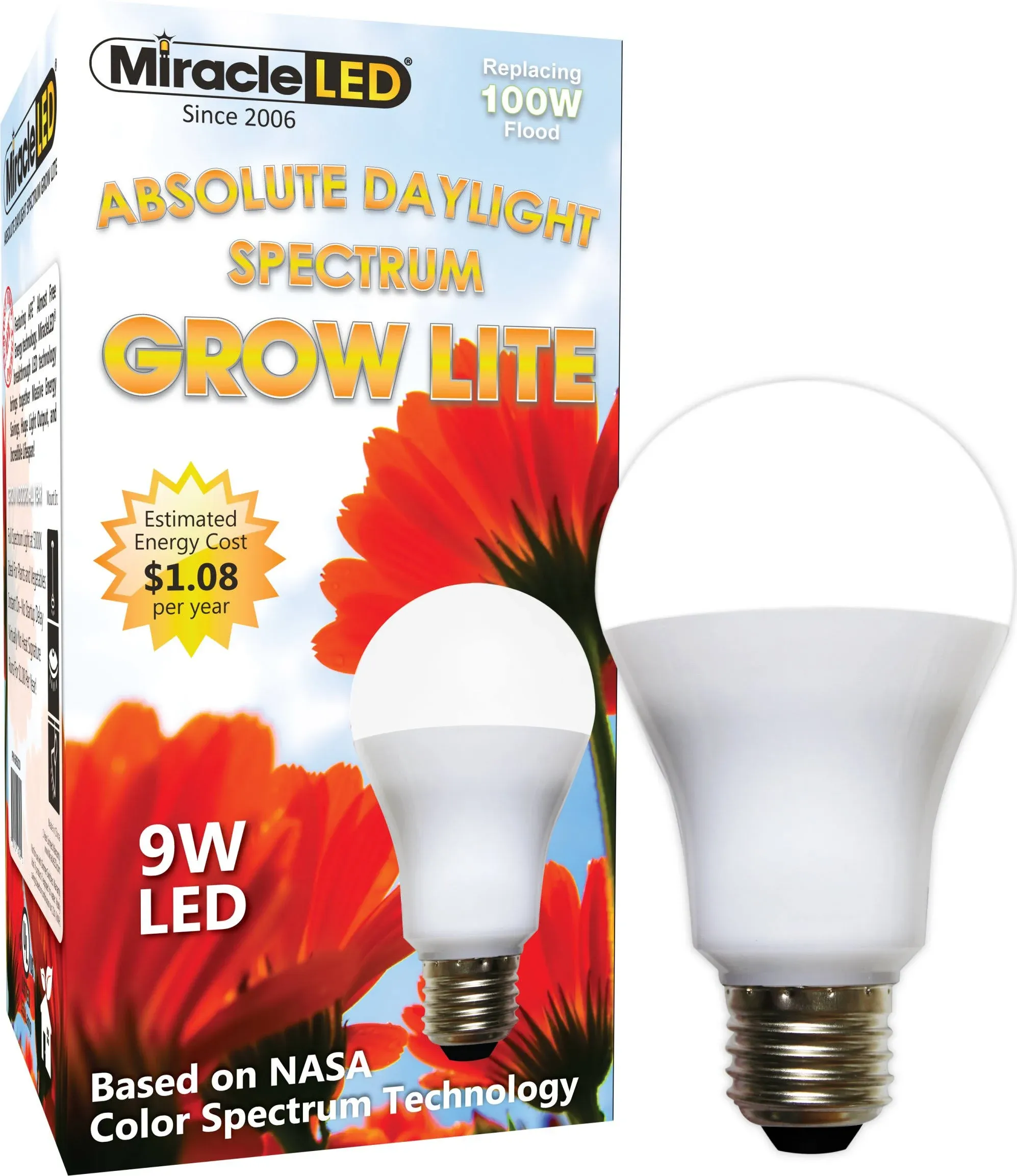 Miracle LED Absolute Daylight Spectrum Grow Lite 9W Light Replaces 100W Flood 