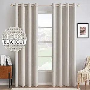 MIULEE 100% Blackout Linen Textured Curtains for Bedroom Solid Thermal Insulated Ivory Grommet Room Darkening Curtains & Drapes Luxury Decor for Living Room Nursery 52 x 84 Inch (2 Panels)