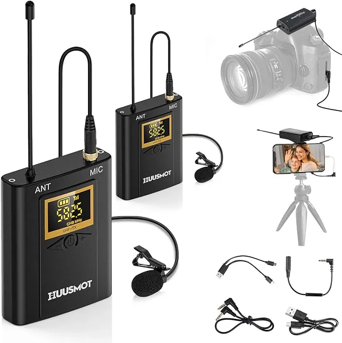 HUUSMOT Wireless Lavalier Microphone System - Dual Lapel Mics and Mini Receiver for Crystal Clear Audio - Perfect for DSLR Camera, iPhone, Video Recording, YouTube, and Vlogging