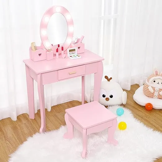 Bophy Girls&#039; Vanity Table and Chair Set, Kids Makeup Dressing Large, Pink 