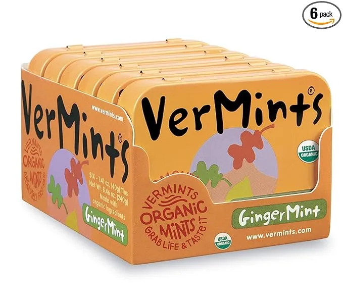 Organic Breath Mints by VerMints, GingerMint Flavor, All Natural, Non-GMO, Nut Free, Gluten Free, Vegan, KSA Kosher, Pack of 6, 1.41oz TinsOrganic Breath Mints by VerMints, GingerMint Flavor,…