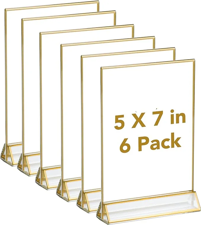 UNIQOOO Acrylic Sign Holders with Golden Border, Portrait View, Pack of 6 | 5x7 Double Sided Clear Frame