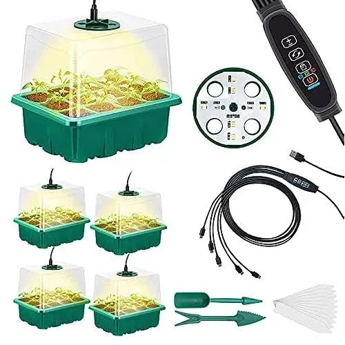 CANNABMALL Seed Starter Tray 5 Packs Seedling Starter Trays with Grow Light 8 LEDs, Timer, Dimmable, Seed Starting Trays Kit with Humidity Dome (60