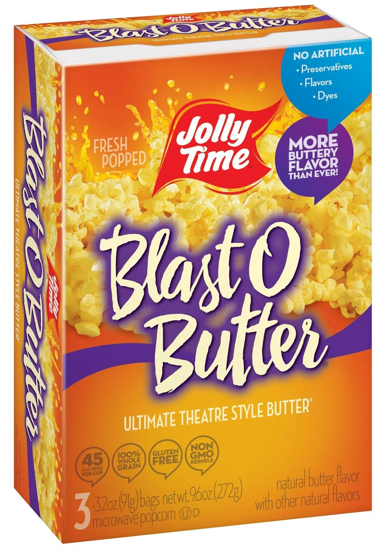 Jolly Time Blast O Butter, Ultimate Movie Theater Butter Microwave Popcorn, 3.2oz Sharing Bag, 3 Bags Per Carton (Blast O Butter, 3.2 Ounce (Carton of 3))