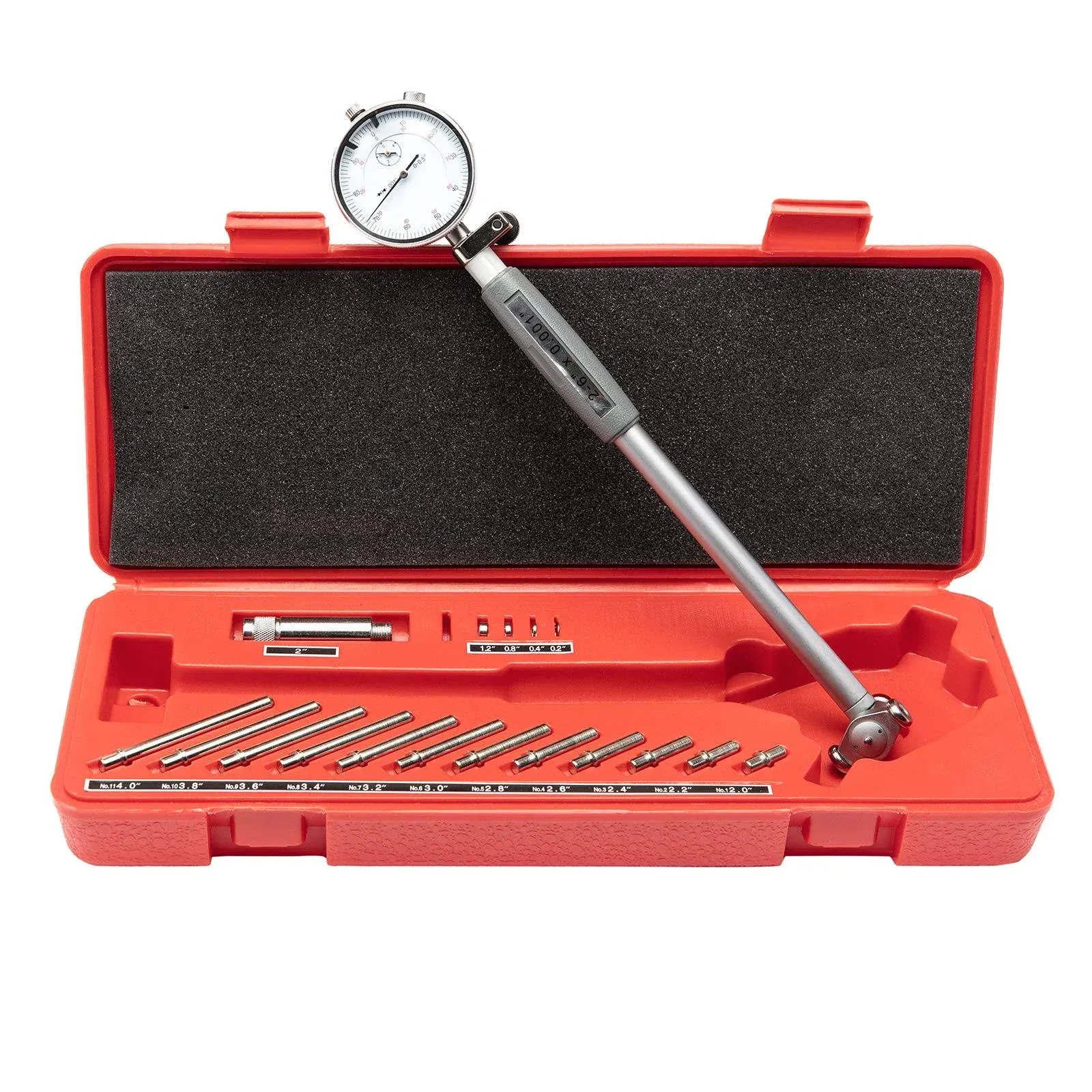 Beslands Dial Indicator Bore Gage Gauge, Stem Length 6'', Cylinder Dial Bore Gage with Carbide anvils (2"-6" Range/ 0.001")