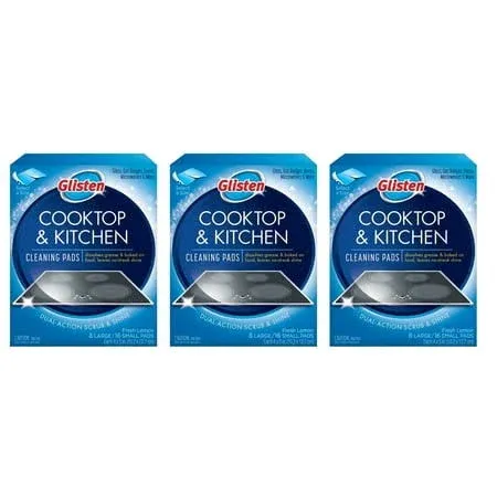 Glisten Cooktop and Kitchen Cleaning Pads, Dissolves Grease and Baked on Foods, Lemon Scent, 24 Large Pads or 48 Small Pads