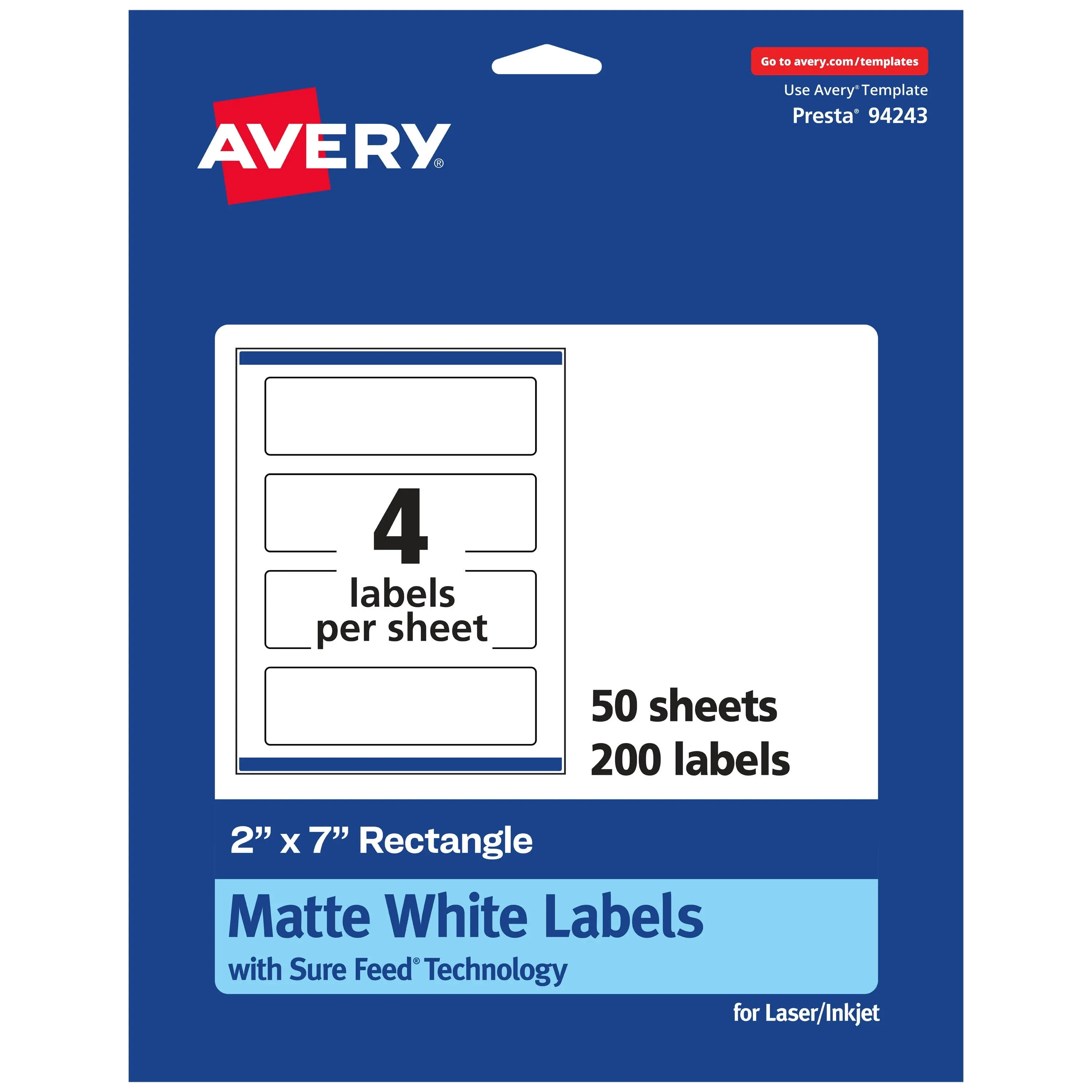 Avery Matte White Rectangle Labels, 2" x 7", 400 Labels