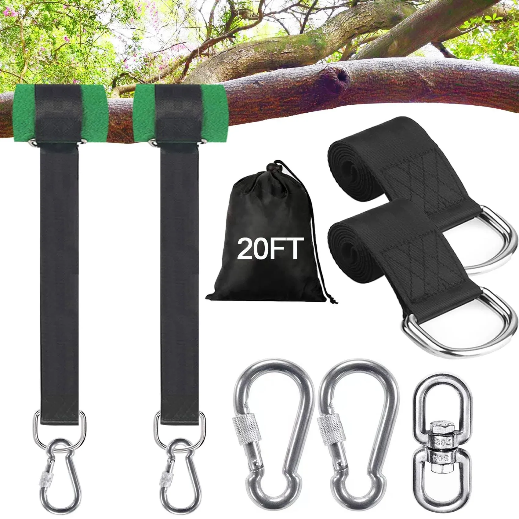 Safe Tree Swing Hanging Straps Kit, 3FT/10FT/15FT/20FT, Heavy Duty Holds 5500LBS Extra Long Adjustable Tree Swing Straps, Easy & Fast Way to Hang Any Swing or Hammock(20 FT)