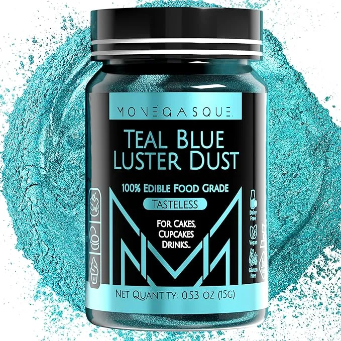 MONÉGASQUE Teal Blue Luster Dust Edible Glitter for Cocktails 15g – Teal Blue Edible Glitter – Edible Blue Glitter – Edible Glitter for Halloween Drinks – Edible Dust – Edible Glitter for Cakes