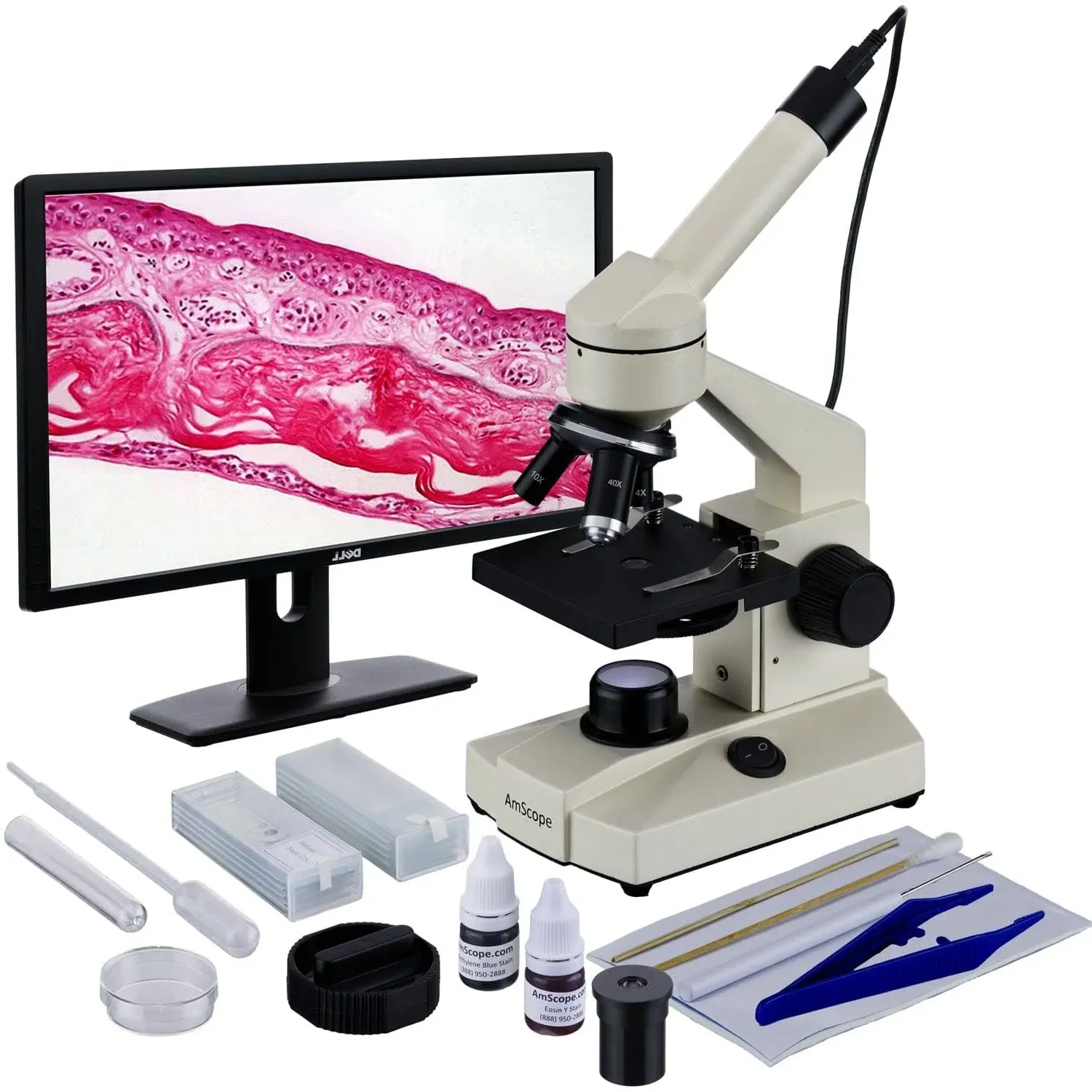 AmScope Outlet 40X-1000X 360-Degree Rotating Monocular Head LED Microscope + USB Camera + Slide Preparation Kit