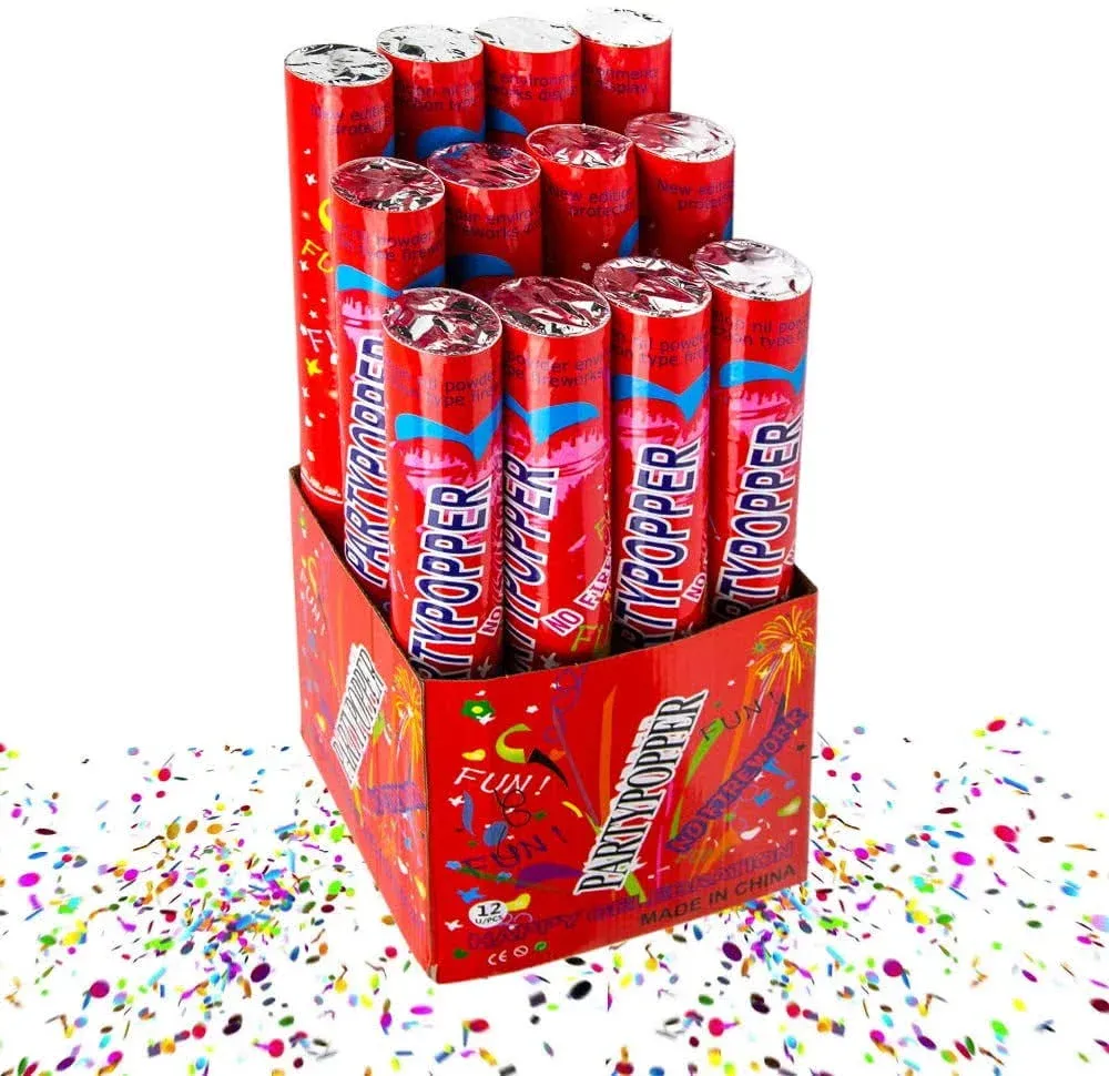 Toysery 12 Pack Confetti Cannons, Multicolor Air Compressed 12-Inch Large Party Poppers For New Years Eve, Birthdays, Wedding Celebrations and Indoor or Outdoor Parties