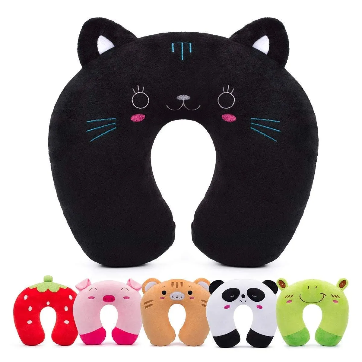 H HOMEWINS Travel Pillow for Kids Toddlers-Soft Neck Head Chin Support Pillow,Cute Animal,Comfortable in Any Sitting Position for Airplane,Car,Train,Machine Washable,Children Gift (Black cat)